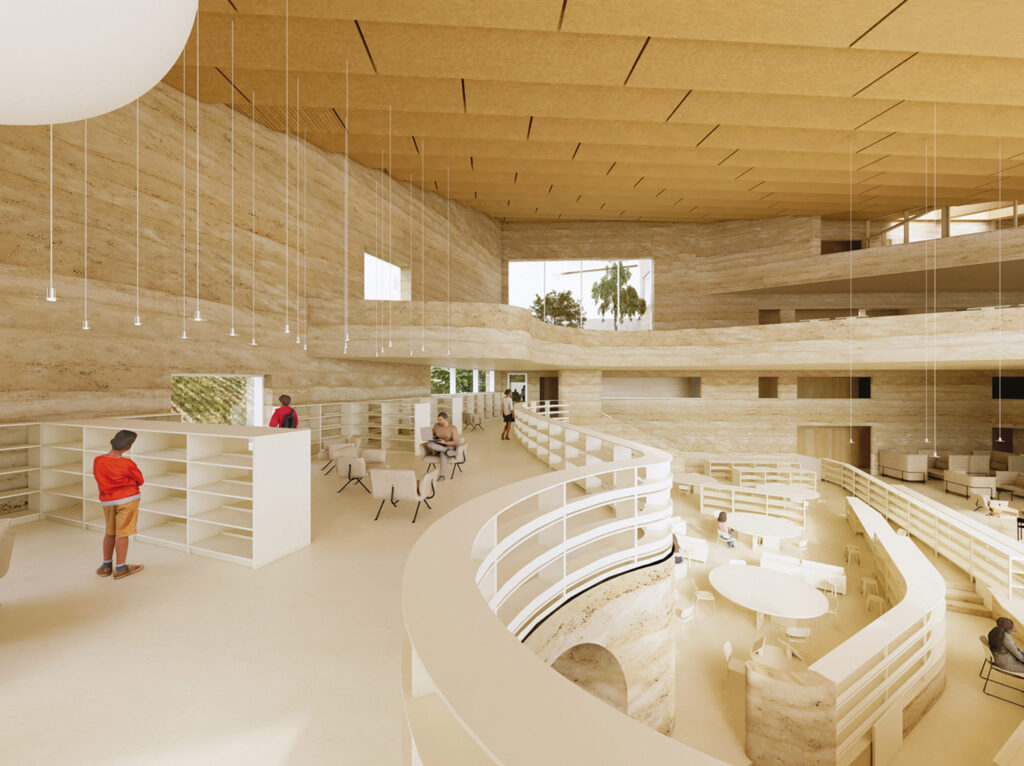 Perspective de l'intérieur bois de la médiathèque vue depuis le premier étage