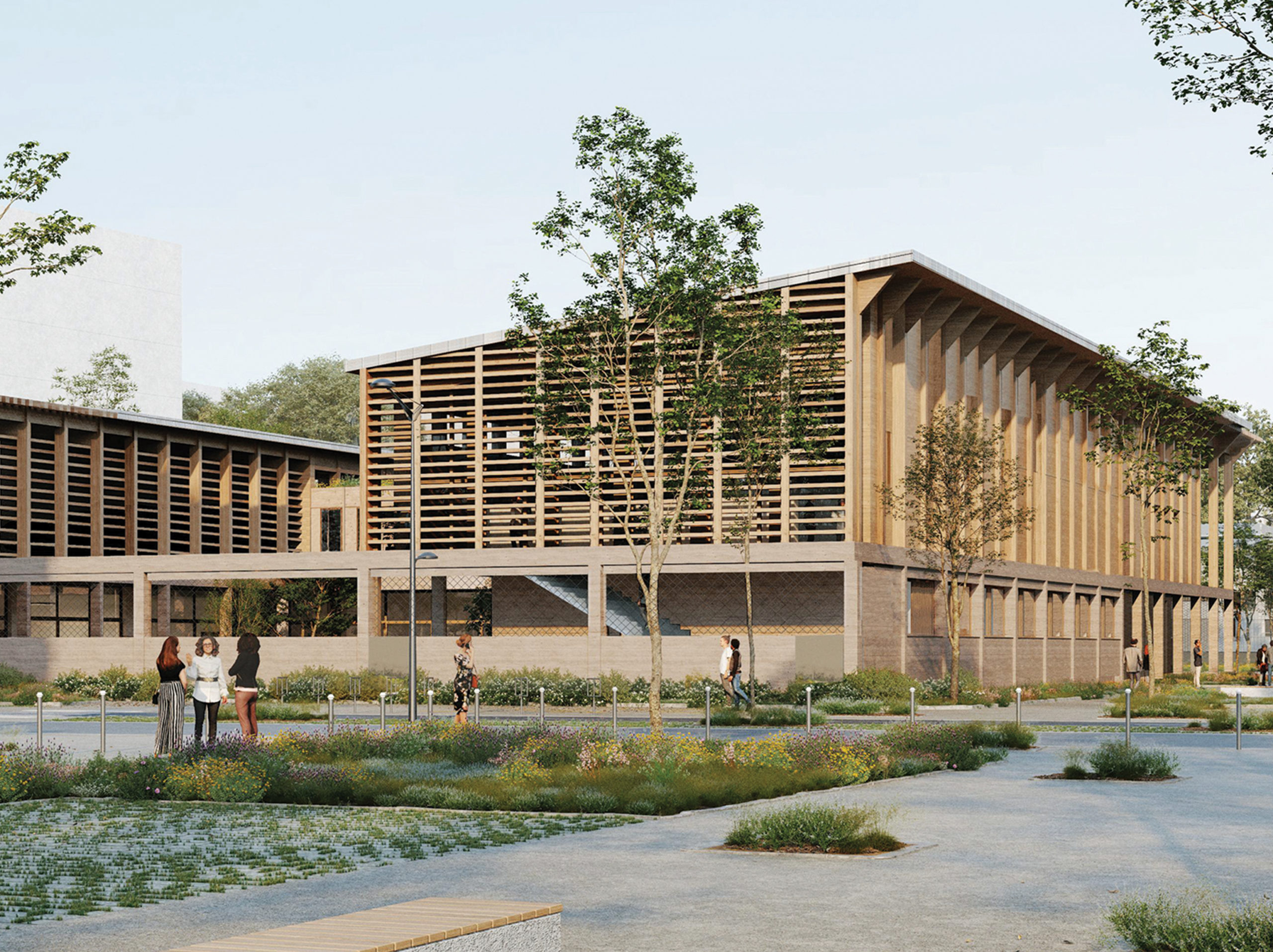 Perspective du pôle sportif, social et culturelle en bois depuis la rue des Girondins
