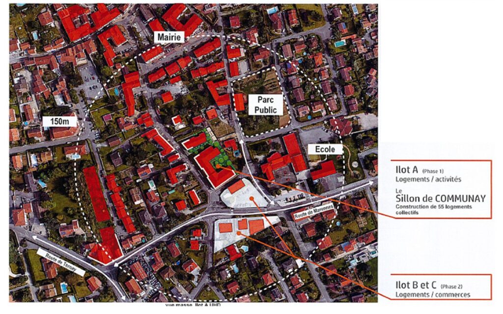 plan du centre-bourg de communay avec le parc public et l'école